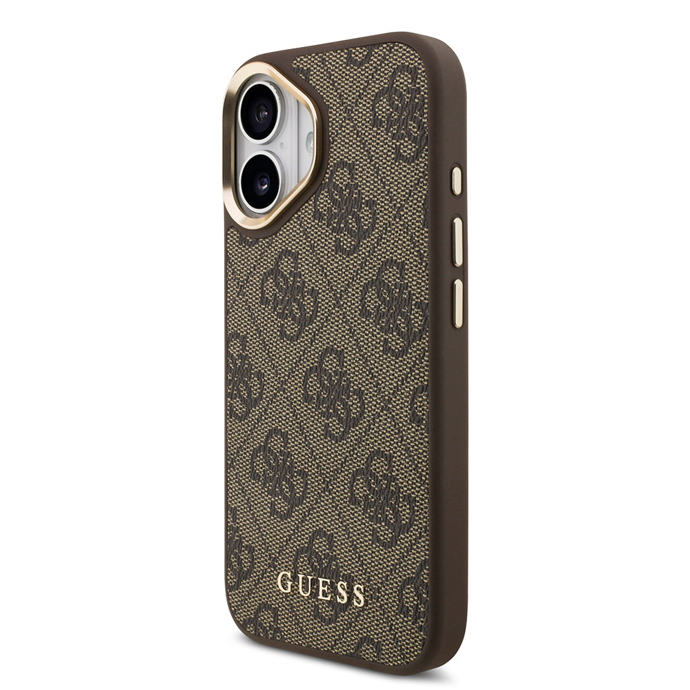 Apple iPhone 17 Kılıf Guess M-safe Şarj Özellikli Askılı ve Kartlıklı 4G Logo Kapak Kahverengi
