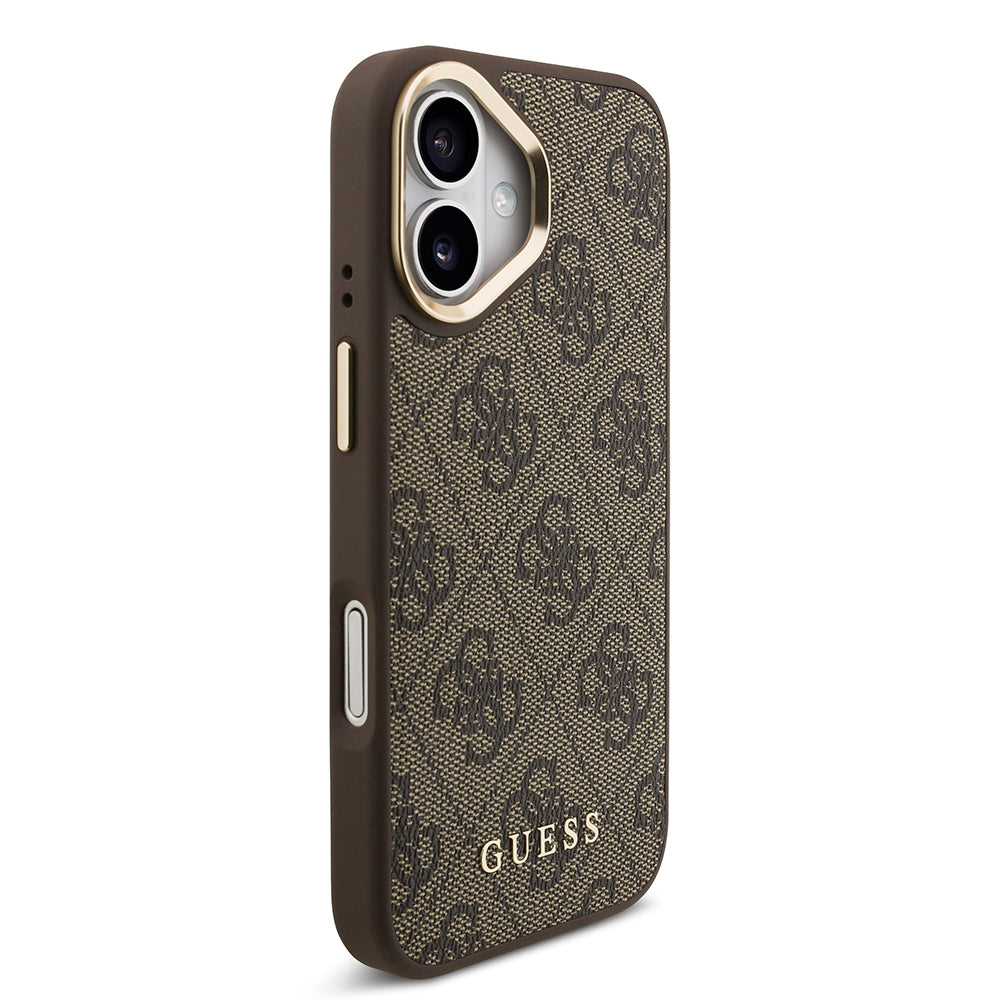 Apple iPhone 17 Kılıf Guess M-safe Şarj Özellikli Askılı ve Kartlıklı 4G Logo Kapak Kahverengi