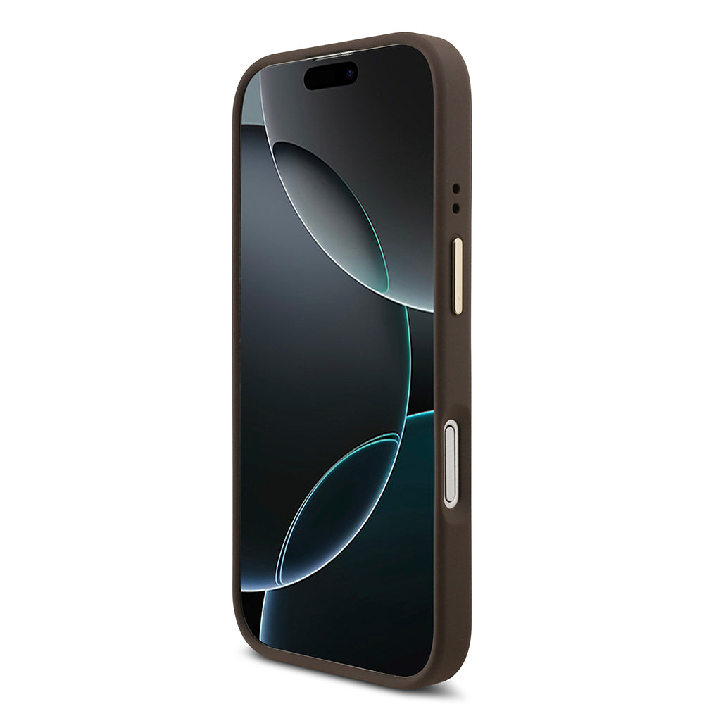 Apple iPhone 17 Kılıf Guess M-safe Şarj Özellikli Askılı ve Kartlıklı 4G Logo Kapak Kahverengi