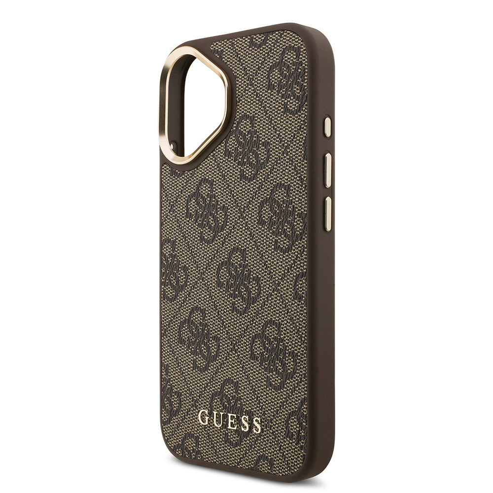 Apple iPhone 17 Kılıf Guess M-safe Şarj Özellikli Askılı ve Kartlıklı 4G Logo Kapak Kahverengi