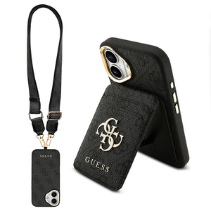 Apple iPhone 17 Kılıf Guess M-safe Şarj Özellikli Askılı ve Kartlıklı 4G Logo Kapak Siyah