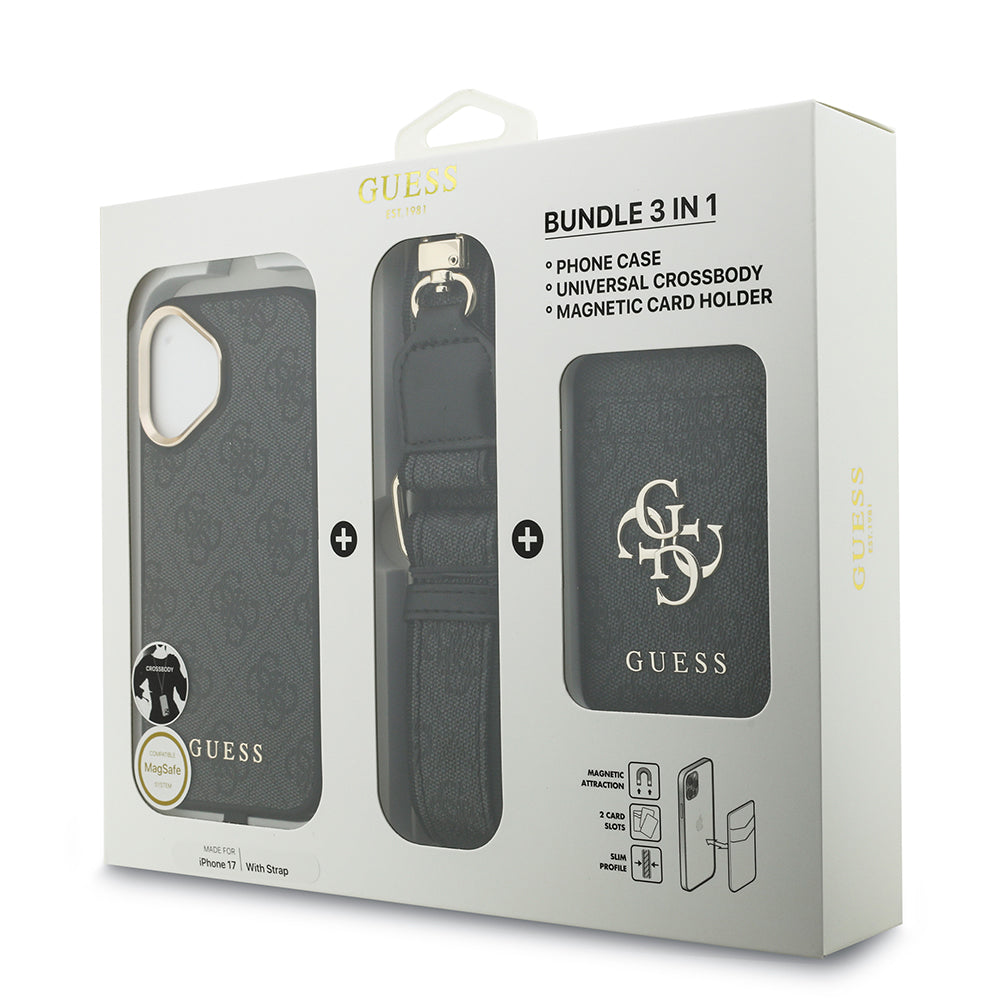 Apple iPhone 17 Kılıf Guess M-safe Şarj Özellikli Askılı ve Kartlıklı 4G Logo Kapak Siyah