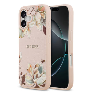 Apple iPhone 17 Kılıf Guess M-Safe Şarj Özellikli Çiçek Tasarımlı Metal Yazı Logolu Kapak Pembe