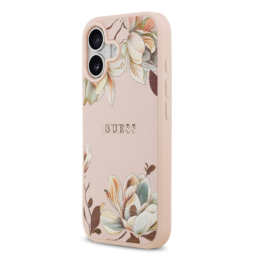 Apple iPhone 17 Kılıf Guess M-Safe Şarj Özellikli Çiçek Tasarımlı Metal Yazı Logolu Kapak Pembe