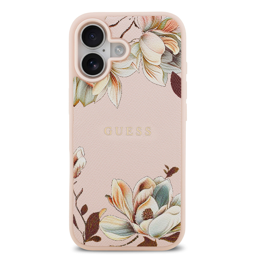 Apple iPhone 17 Kılıf Guess M-Safe Şarj Özellikli Çiçek Tasarımlı Metal Yazı Logolu Kapak Pembe