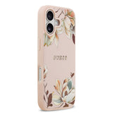 Apple iPhone 17 Kılıf Guess M-Safe Şarj Özellikli Çiçek Tasarımlı Metal Yazı Logolu Kapak Pembe