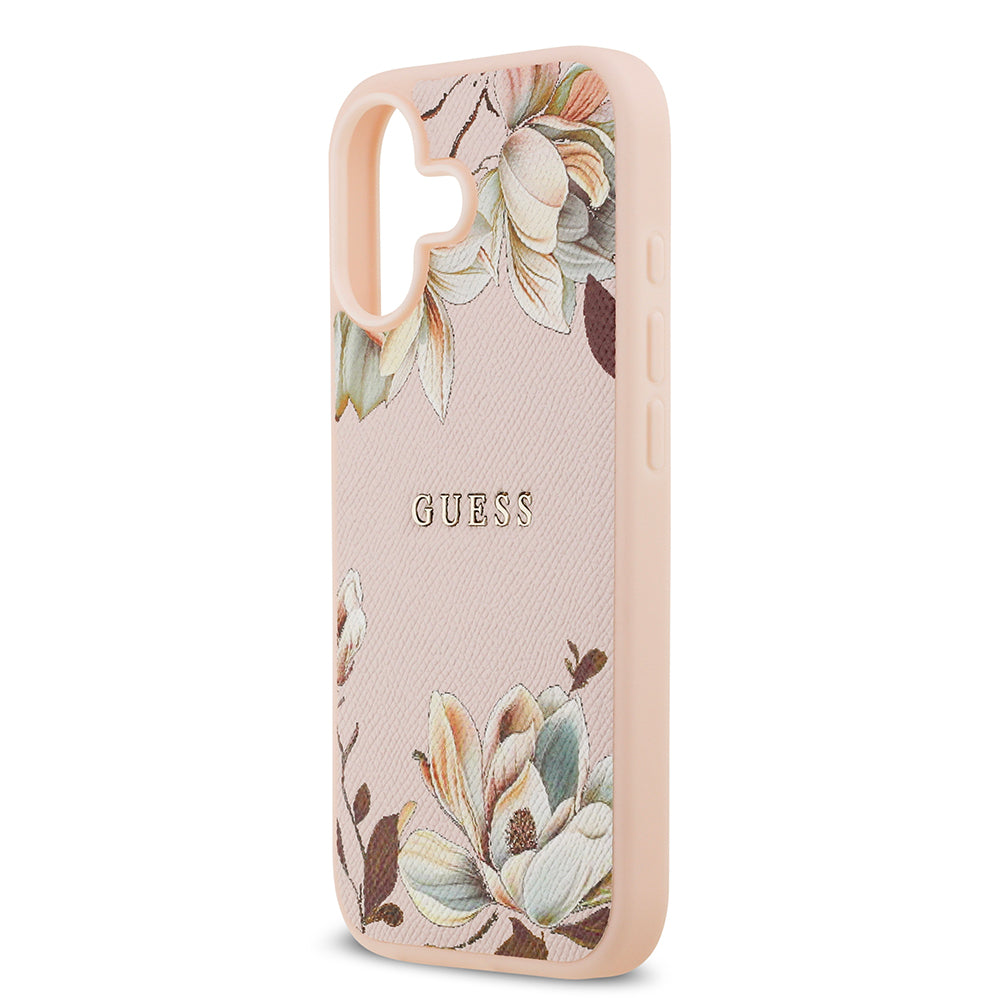 Apple iPhone 17 Kılıf Guess M-Safe Şarj Özellikli Çiçek Tasarımlı Metal Yazı Logolu Kapak Pembe