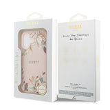 Apple iPhone 17 Kılıf Guess M-Safe Şarj Özellikli Çiçek Tasarımlı Metal Yazı Logolu Kapak Pembe