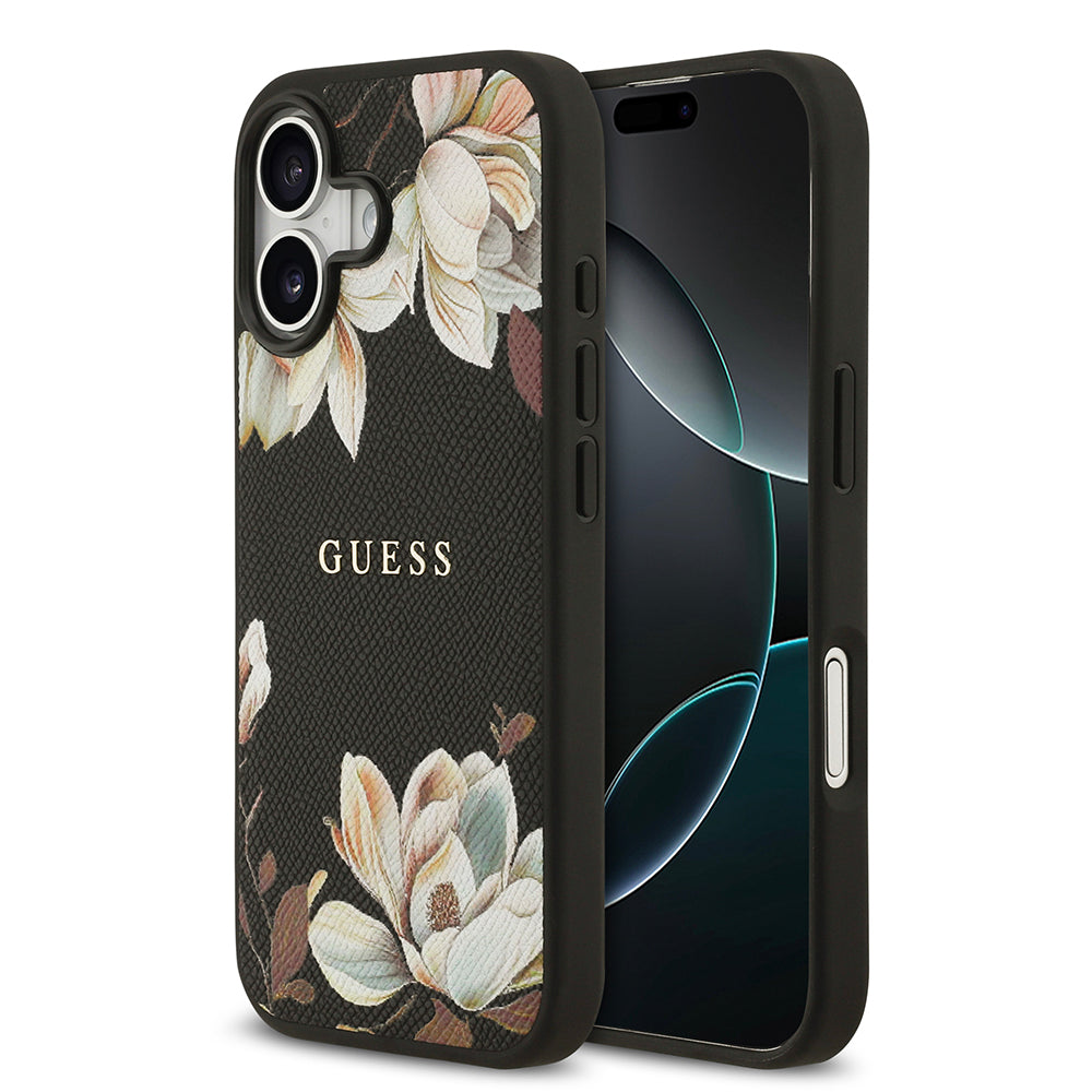 Apple iPhone 17 Kılıf Guess M-Safe Şarj Özellikli Çiçek Tasarımlı Metal Yazı Logolu Kapak Siyah