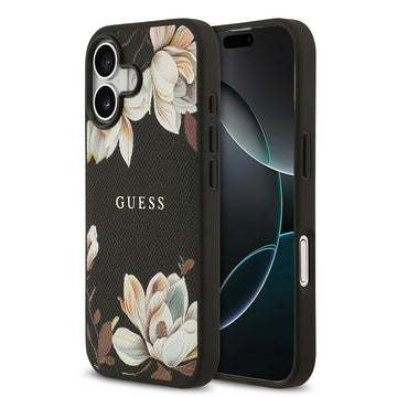 Apple iPhone 17 Kılıf Guess M-Safe Şarj Özellikli Çiçek Tasarımlı Metal Yazı Logolu Kapak Siyah