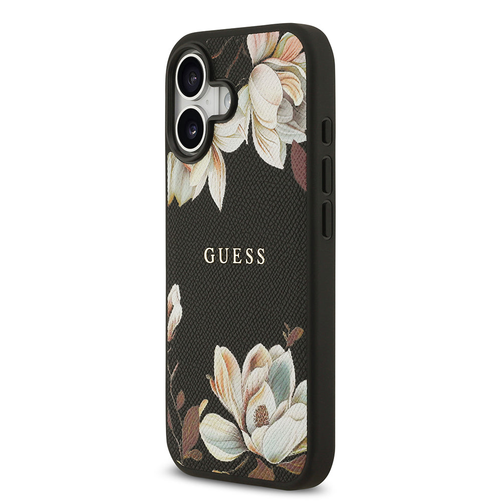 Apple iPhone 17 Kılıf Guess M-Safe Şarj Özellikli Çiçek Tasarımlı Metal Yazı Logolu Kapak Siyah