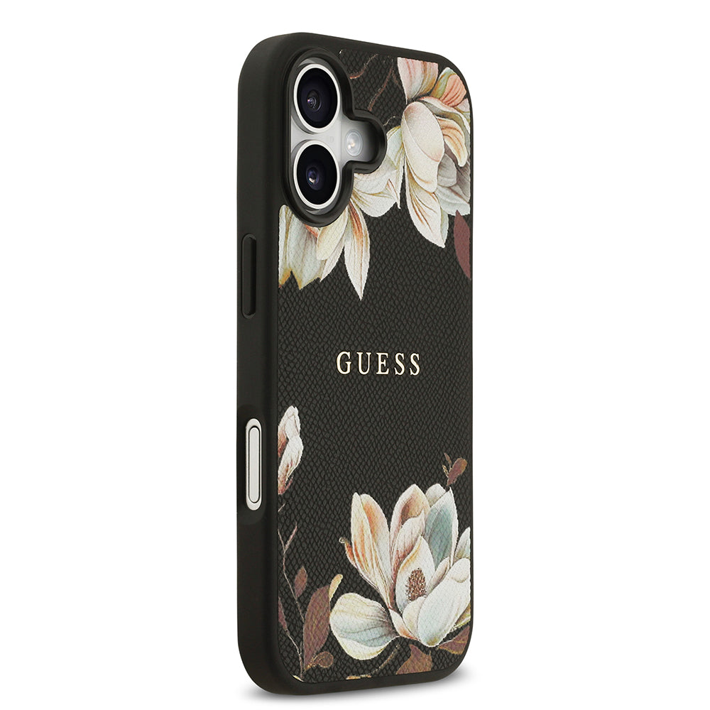 Apple iPhone 17 Kılıf Guess M-Safe Şarj Özellikli Çiçek Tasarımlı Metal Yazı Logolu Kapak Siyah