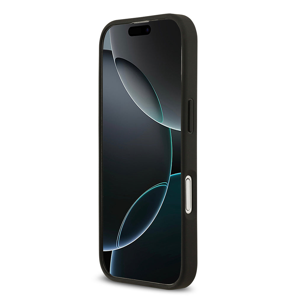 Apple iPhone 17 Kılıf Guess M-Safe Şarj Özellikli Çiçek Tasarımlı Metal Yazı Logolu Kapak Siyah
