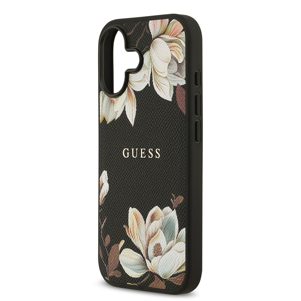 Apple iPhone 17 Kılıf Guess M-Safe Şarj Özellikli Çiçek Tasarımlı Metal Yazı Logolu Kapak Siyah
