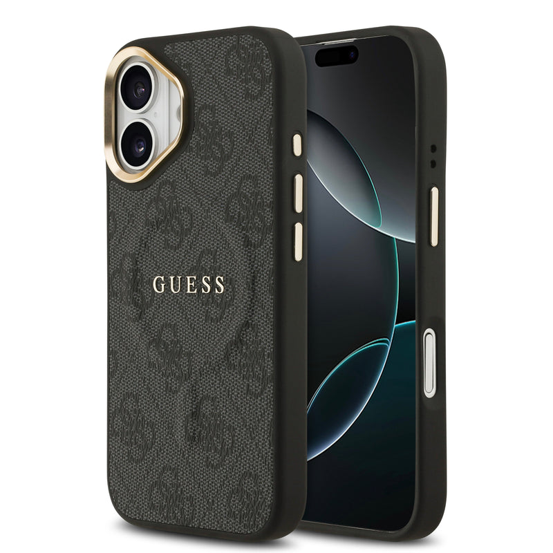 Apple iPhone 17 Kılıf Guess M-safe Şarj Özellikli Gold Metal Kamera Çerçeveli PU Deri 4G Desen Yazı Logolu Kapak Siyah