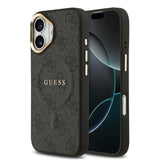 Apple iPhone 17 Kılıf Guess M-safe Şarj Özellikli Gold Metal Kamera Çerçeveli PU Deri 4G Desen Yazı Logolu Kapak Siyah