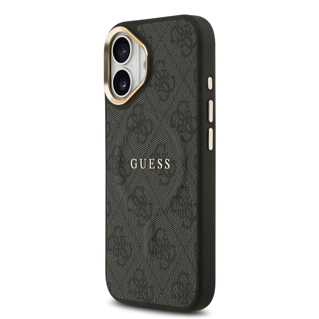 Apple iPhone 17 Kılıf Guess M-safe Şarj Özellikli Gold Metal Kamera Çerçeveli PU Deri 4G Desen Yazı Logolu Kapak Siyah