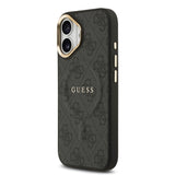 Apple iPhone 17 Kılıf Guess M-safe Şarj Özellikli Gold Metal Kamera Çerçeveli PU Deri 4G Desen Yazı Logolu Kapak Siyah