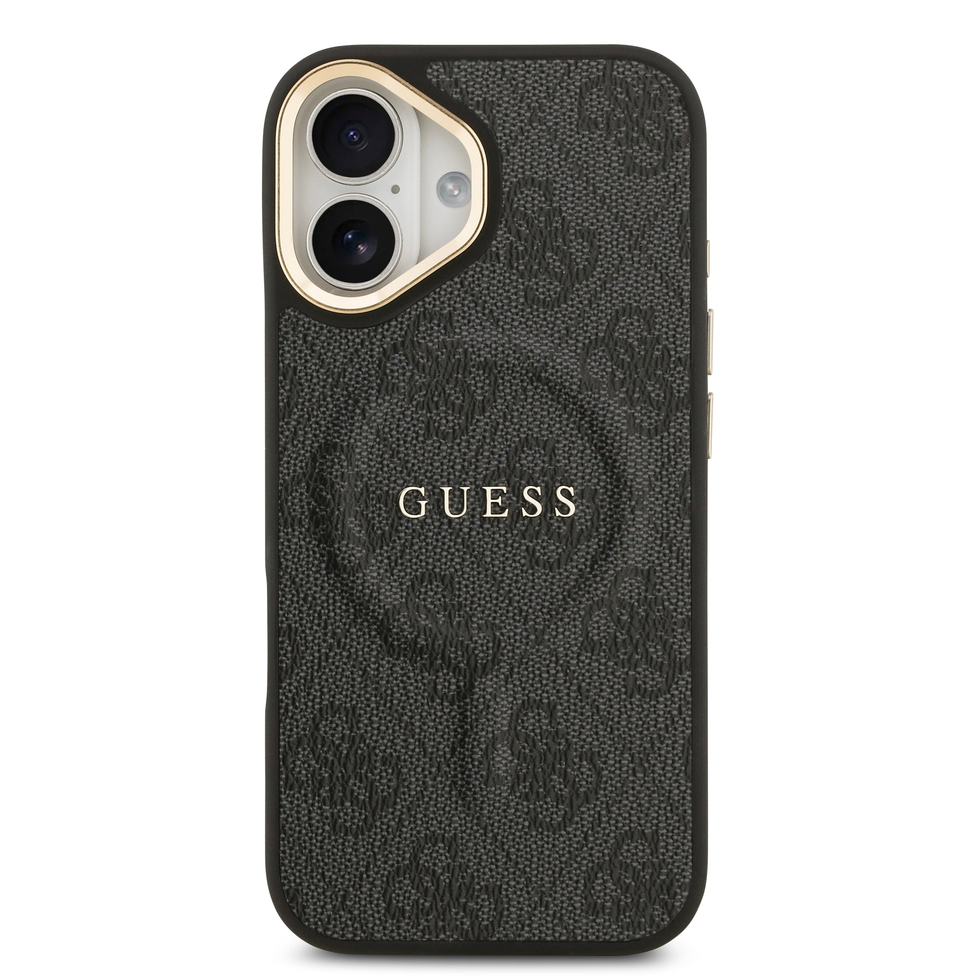 Apple iPhone 17 Kılıf Guess M-safe Şarj Özellikli Gold Metal Kamera Çerçeveli PU Deri 4G Desen Yazı Logolu Kapak Siyah
