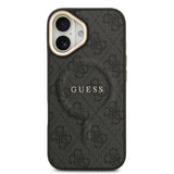 Apple iPhone 17 Kılıf Guess M-safe Şarj Özellikli Gold Metal Kamera Çerçeveli PU Deri 4G Desen Yazı Logolu Kapak Siyah