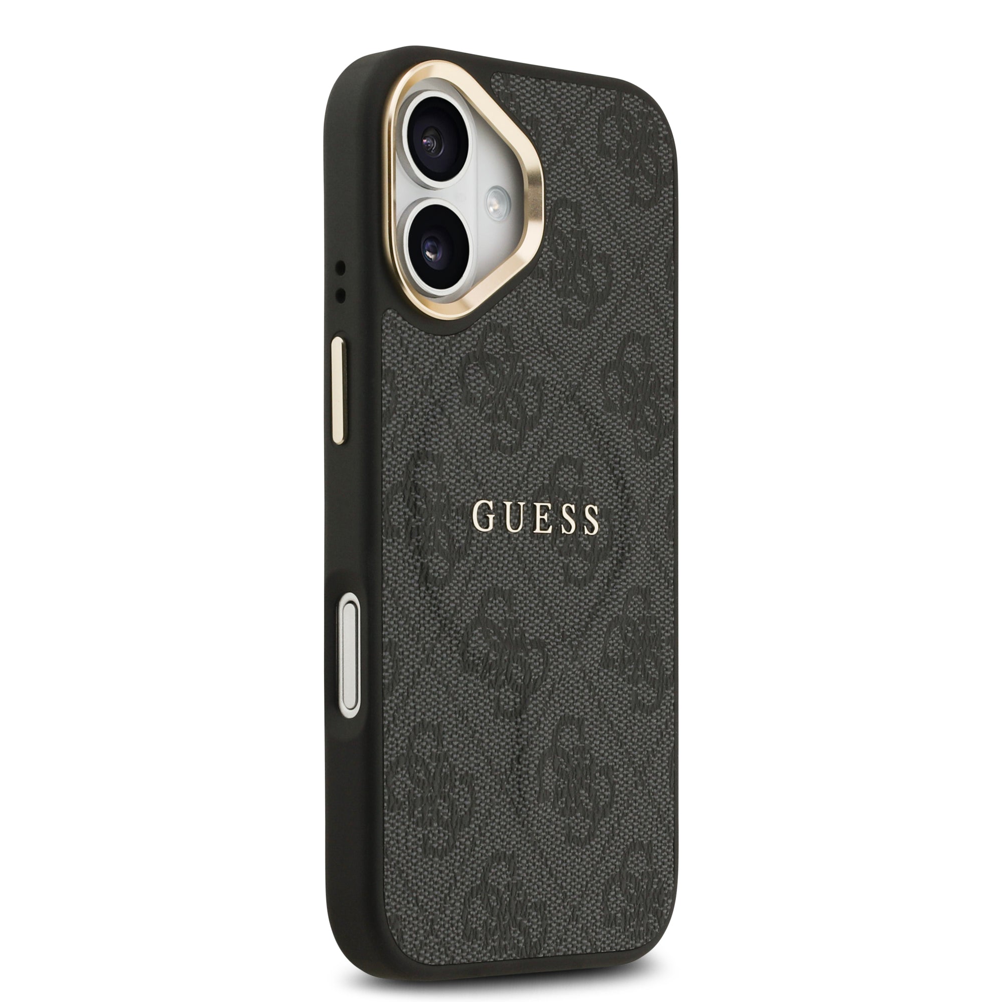 Apple iPhone 17 Kılıf Guess M-safe Şarj Özellikli Gold Metal Kamera Çerçeveli PU Deri 4G Desen Yazı Logolu Kapak Siyah