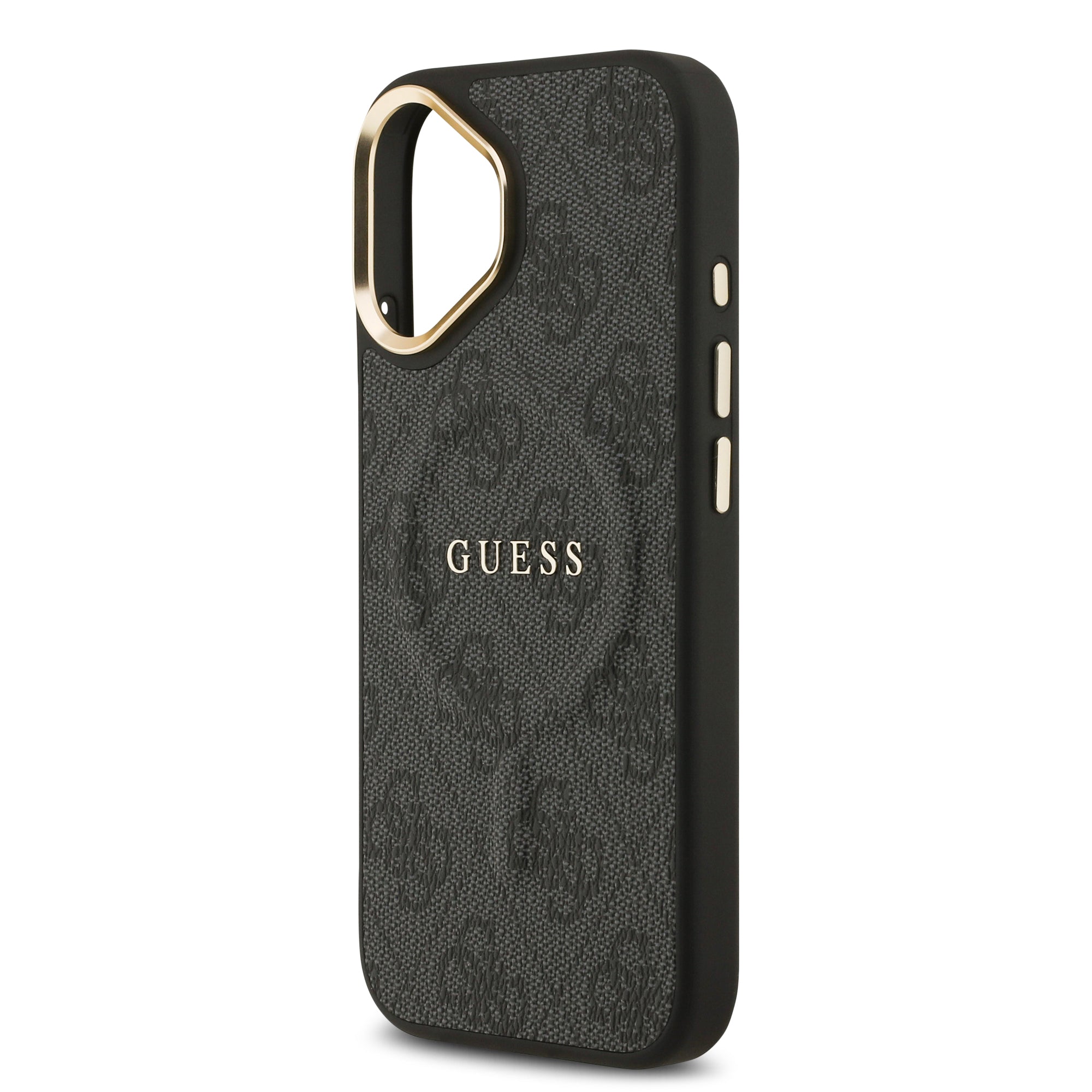 Apple iPhone 17 Kılıf Guess M-safe Şarj Özellikli Gold Metal Kamera Çerçeveli PU Deri 4G Desen Yazı Logolu Kapak Siyah