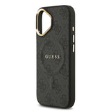 Apple iPhone 17 Kılıf Guess M-safe Şarj Özellikli Gold Metal Kamera Çerçeveli PU Deri 4G Desen Yazı Logolu Kapak Siyah