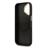 Apple iPhone 17 Kılıf Guess M-safe Şarj Özellikli Gold Metal Kamera Çerçeveli PU Deri 4G Desen Yazı Logolu Kapak Siyah