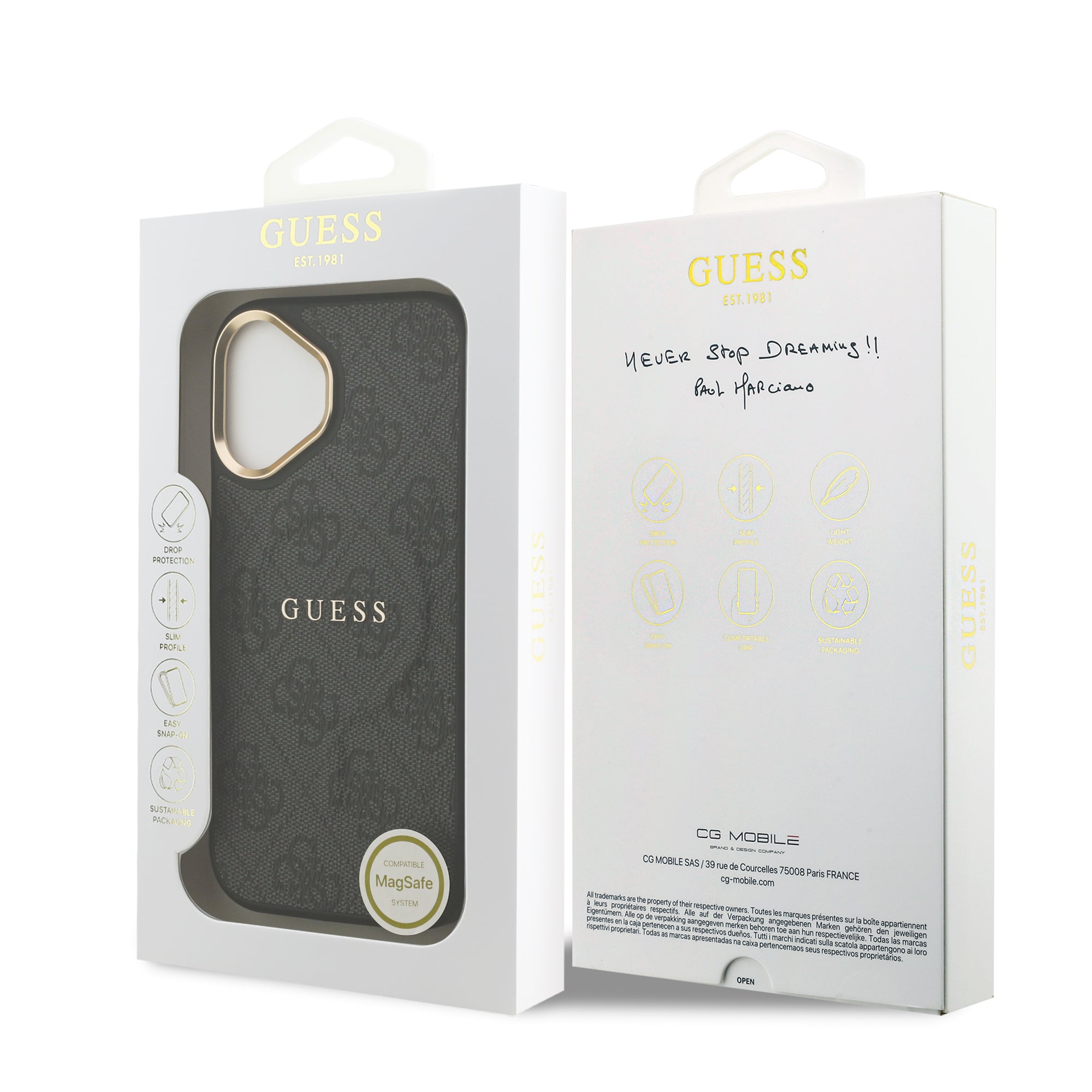 Apple iPhone 17 Kılıf Guess M-safe Şarj Özellikli Gold Metal Kamera Çerçeveli PU Deri 4G Desen Yazı Logolu Kapak Siyah