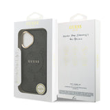Apple iPhone 17 Kılıf Guess M-safe Şarj Özellikli Gold Metal Kamera Çerçeveli PU Deri 4G Desen Yazı Logolu Kapak Siyah