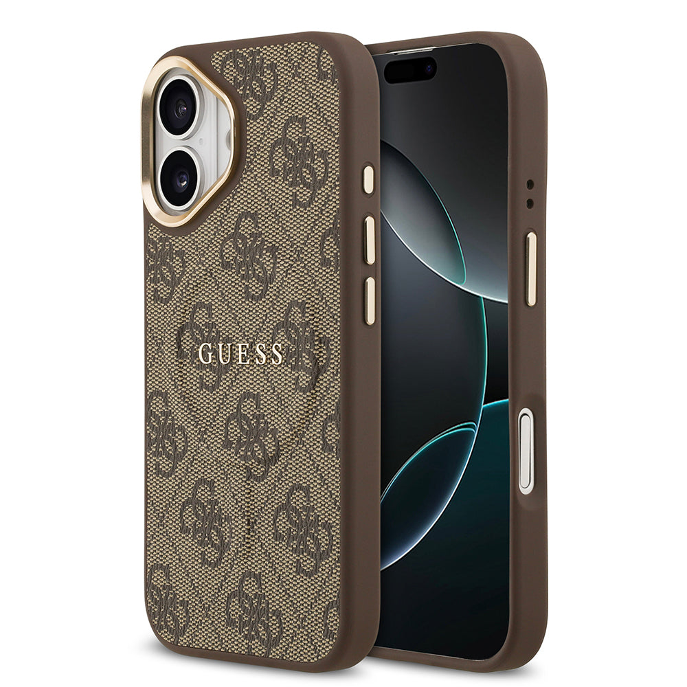 Apple iPhone 17 Kılıf Guess M-safe Şarj Özellikli Gold Metal Kamera Çerçeveli PU Deri 4G Desen Yazı Logolu Kapak Kahverengi