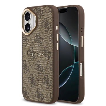 Apple iPhone 17 Kılıf Guess M-safe Şarj Özellikli Gold Metal Kamera Çerçeveli PU Deri 4G Desen Yazı Logolu Kapak Kahverengi