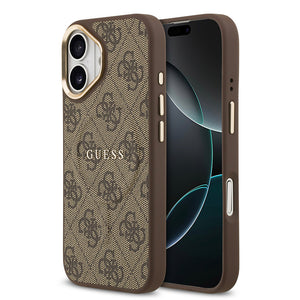 Apple iPhone 17 Kılıf Guess M-safe Şarj Özellikli Gold Metal Kamera Çerçeveli PU Deri 4G Desen Yazı Logolu Kapak Kahverengi