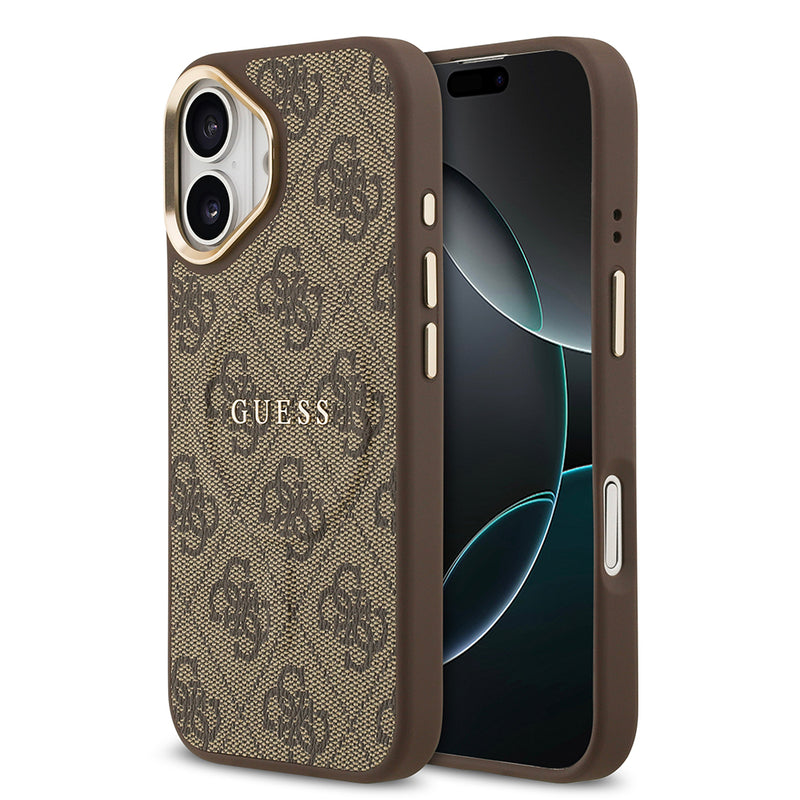 Apple iPhone 17 Kılıf Guess M-safe Şarj Özellikli Gold Metal Kamera Çerçeveli PU Deri 4G Desen Yazı Logolu Kapak Kahverengi