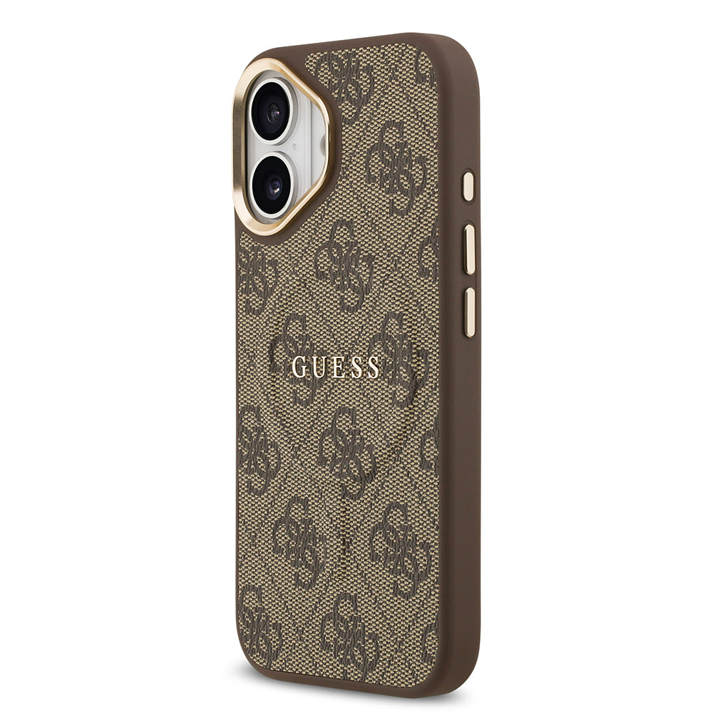 Apple iPhone 17 Kılıf Guess M-safe Şarj Özellikli Gold Metal Kamera Çerçeveli PU Deri 4G Desen Yazı Logolu Kapak Kahverengi