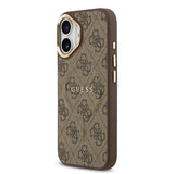 Apple iPhone 17 Kılıf Guess M-safe Şarj Özellikli Gold Metal Kamera Çerçeveli PU Deri 4G Desen Yazı Logolu Kapak Kahverengi