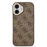 Apple iPhone 17 Kılıf Guess M-safe Şarj Özellikli Gold Metal Kamera Çerçeveli PU Deri 4G Desen Yazı Logolu Kapak Kahverengi