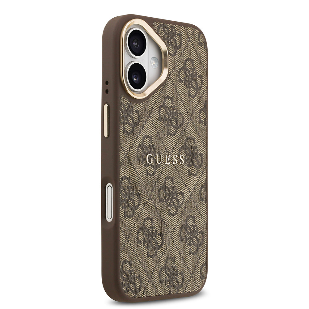 Apple iPhone 17 Kılıf Guess M-safe Şarj Özellikli Gold Metal Kamera Çerçeveli PU Deri 4G Desen Yazı Logolu Kapak Kahverengi