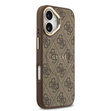 Apple iPhone 17 Kılıf Guess M-safe Şarj Özellikli Gold Metal Kamera Çerçeveli PU Deri 4G Desen Yazı Logolu Kapak Kahverengi