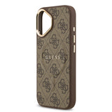 Apple iPhone 17 Kılıf Guess M-safe Şarj Özellikli Gold Metal Kamera Çerçeveli PU Deri 4G Desen Yazı Logolu Kapak Kahverengi