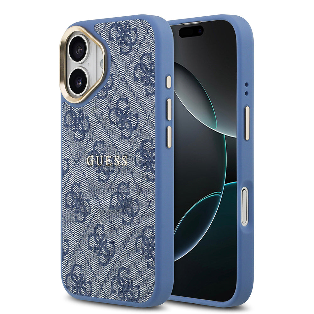 Apple iPhone 17 Kılıf Guess M-safe Şarj Özellikli Gold Metal Kamera Çerçeveli PU Deri 4G Desen Yazı Logolu Kapak Mavi