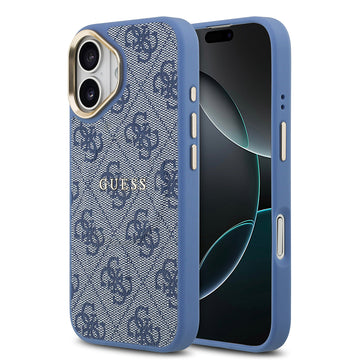 Apple iPhone 17 Kılıf Guess M-safe Şarj Özellikli Gold Metal Kamera Çerçeveli PU Deri 4G Desen Yazı Logolu Kapak Mavi