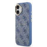 Apple iPhone 17 Kılıf Guess M-safe Şarj Özellikli Gold Metal Kamera Çerçeveli PU Deri 4G Desen Yazı Logolu Kapak Mavi