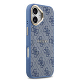 Apple iPhone 17 Kılıf Guess M-safe Şarj Özellikli Gold Metal Kamera Çerçeveli PU Deri 4G Desen Yazı Logolu Kapak Mavi