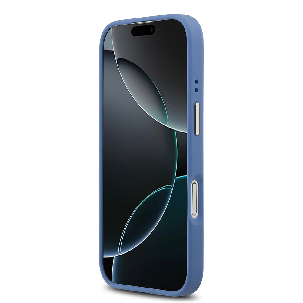 Apple iPhone 17 Kılıf Guess M-safe Şarj Özellikli Gold Metal Kamera Çerçeveli PU Deri 4G Desen Yazı Logolu Kapak Mavi