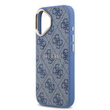 Apple iPhone 17 Kılıf Guess M-safe Şarj Özellikli Gold Metal Kamera Çerçeveli PU Deri 4G Desen Yazı Logolu Kapak Mavi