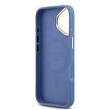 Apple iPhone 17 Kılıf Guess M-safe Şarj Özellikli Gold Metal Kamera Çerçeveli PU Deri 4G Desen Yazı Logolu Kapak Mavi