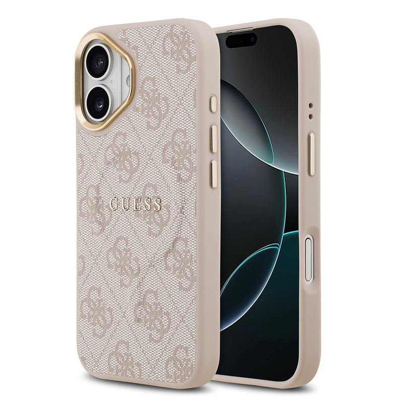 Apple iPhone 17 Kılıf Guess M-safe Şarj Özellikli Gold Metal Kamera Çerçeveli PU Deri 4G Desen Yazı Logolu Kapak Pembe