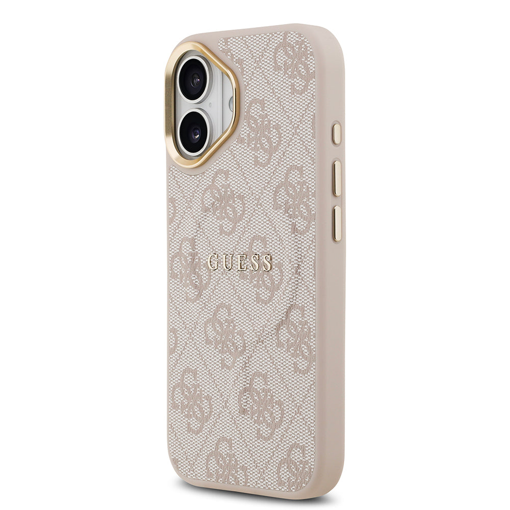 Apple iPhone 17 Kılıf Guess M-safe Şarj Özellikli Gold Metal Kamera Çerçeveli PU Deri 4G Desen Yazı Logolu Kapak Pembe