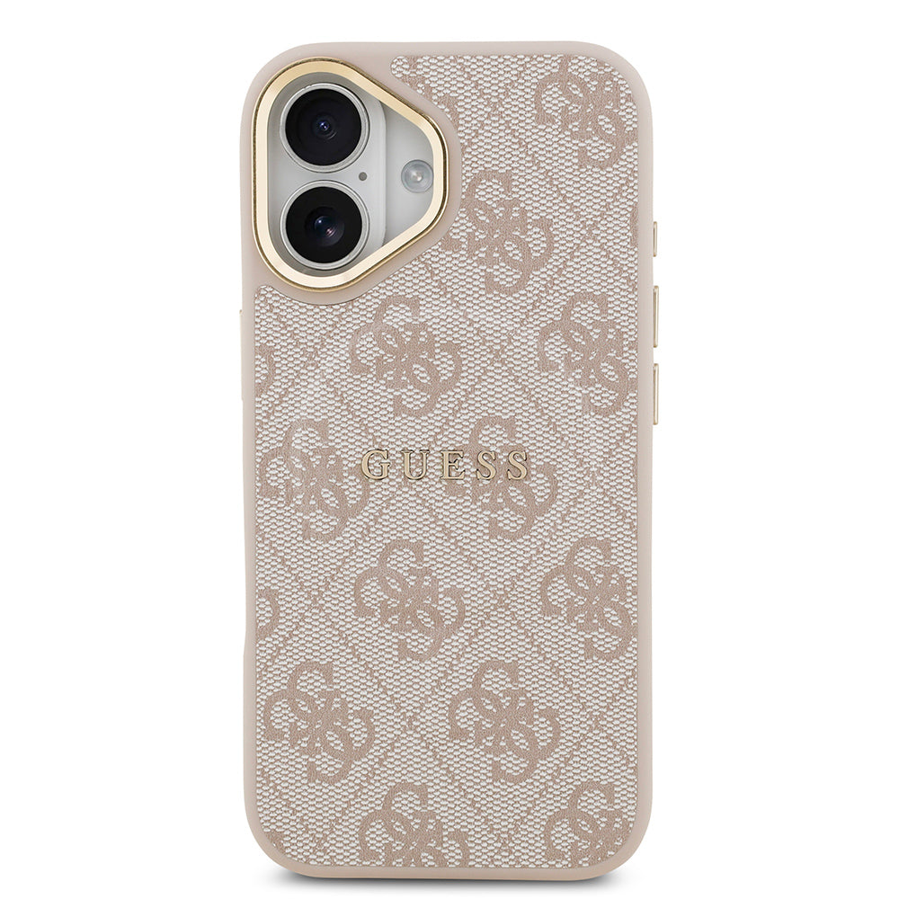 Apple iPhone 17 Kılıf Guess M-safe Şarj Özellikli Gold Metal Kamera Çerçeveli PU Deri 4G Desen Yazı Logolu Kapak Pembe